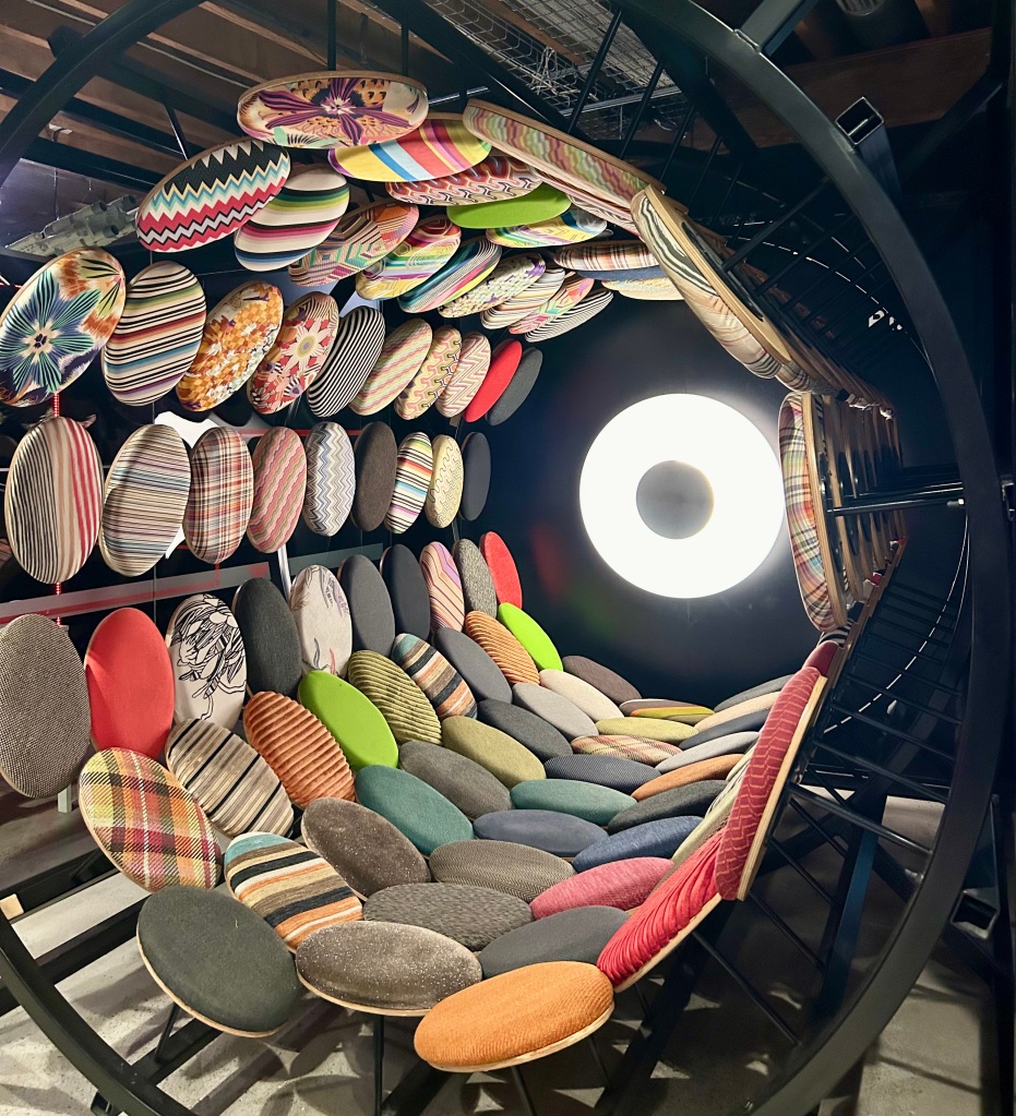 A circular study pod made with patchwork fabrics 